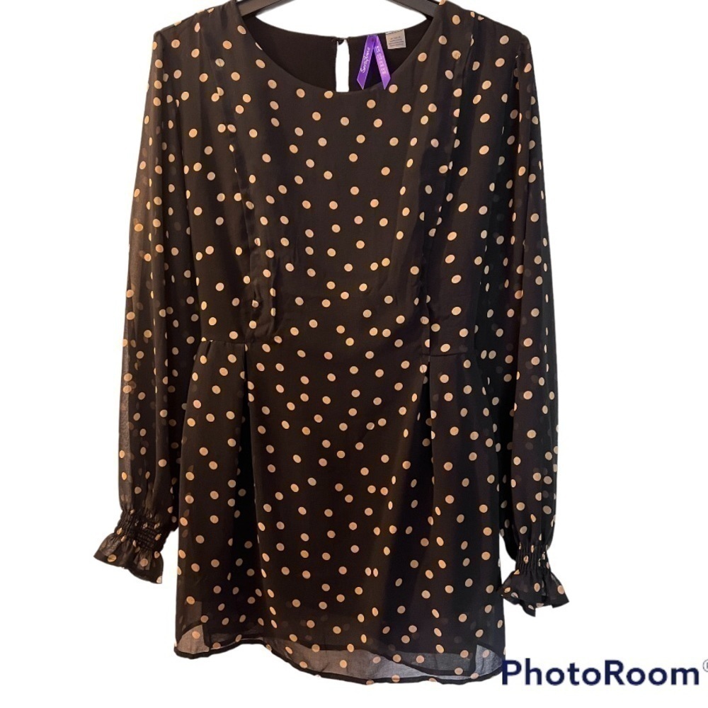 𝅺SERAPHINE black w/ beige Polk a dot Maternity Breastfeeding Blouse Size 12